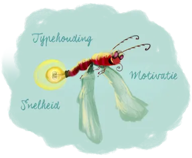 Libelle in een wolkje met woorden gerelateerd aan leren typen.